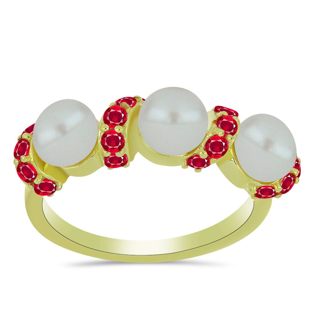 Pozlátený Strieborný Prsteň s so Sladkovodnou Bielou Perlou a Madagaskarským Rubínom 3 