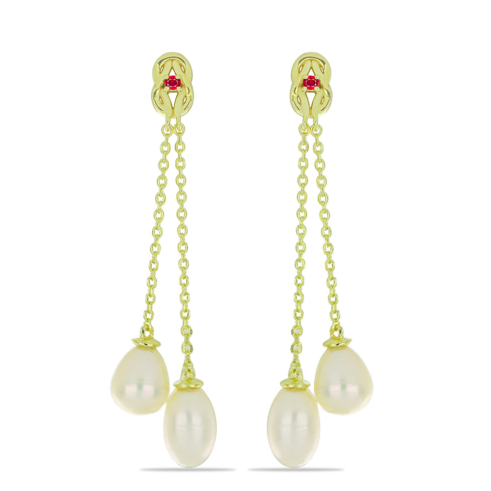 Pozlátené Strieborné Náušnice s so Sladkovodnou Bielou Perlou a Madagaskarským Rubínom 1 