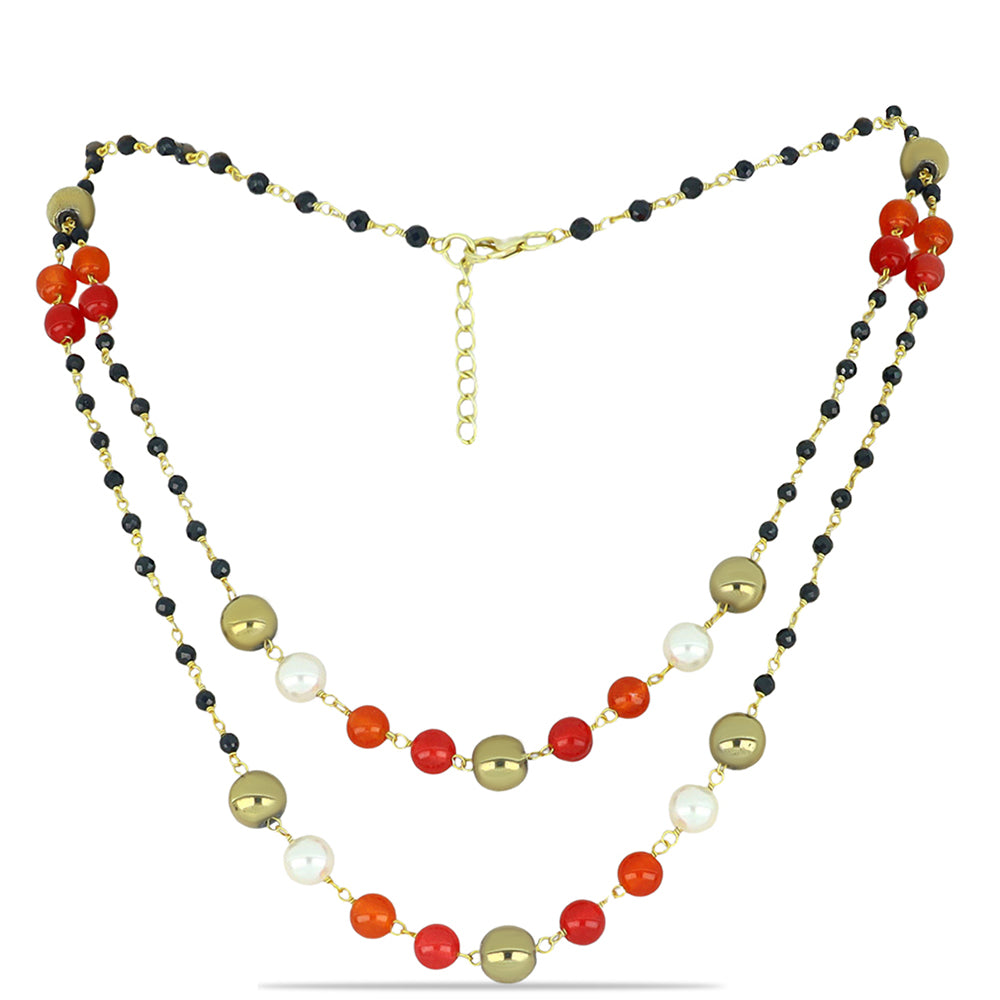 Pozlátený Strieborný Náhrdelník s Obsidianom a so Sladkovodnou Bielou Perlou