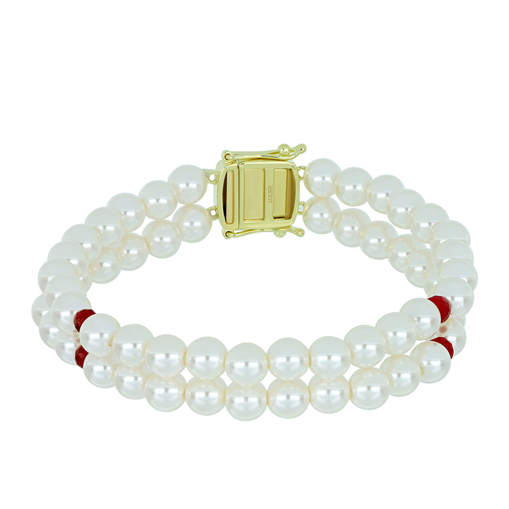 Pozlátený Strieborný Náramok s so Sladkovodnou Bielou Perlou a Madagaskarským Rubínom 1 