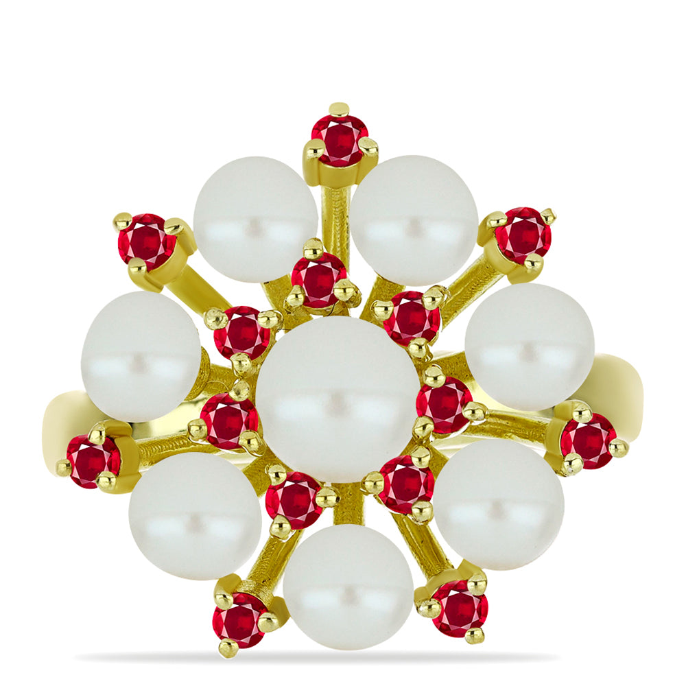 Pozlátený Strieborný Prsteň s so Sladkovodnou Bielou Perlou a Madagaskarským Rubínom