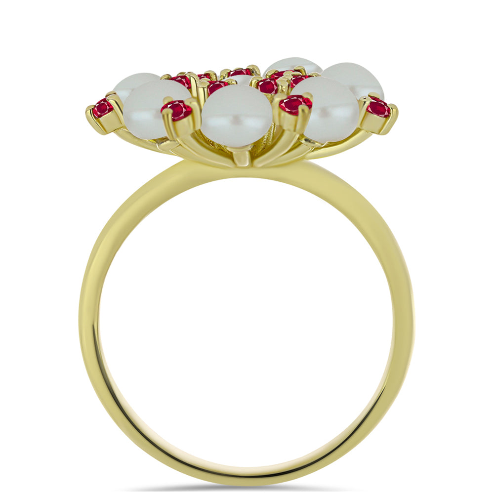 Pozlátený Strieborný Prsteň s so Sladkovodnou Bielou Perlou a Madagaskarským Rubínom 2 