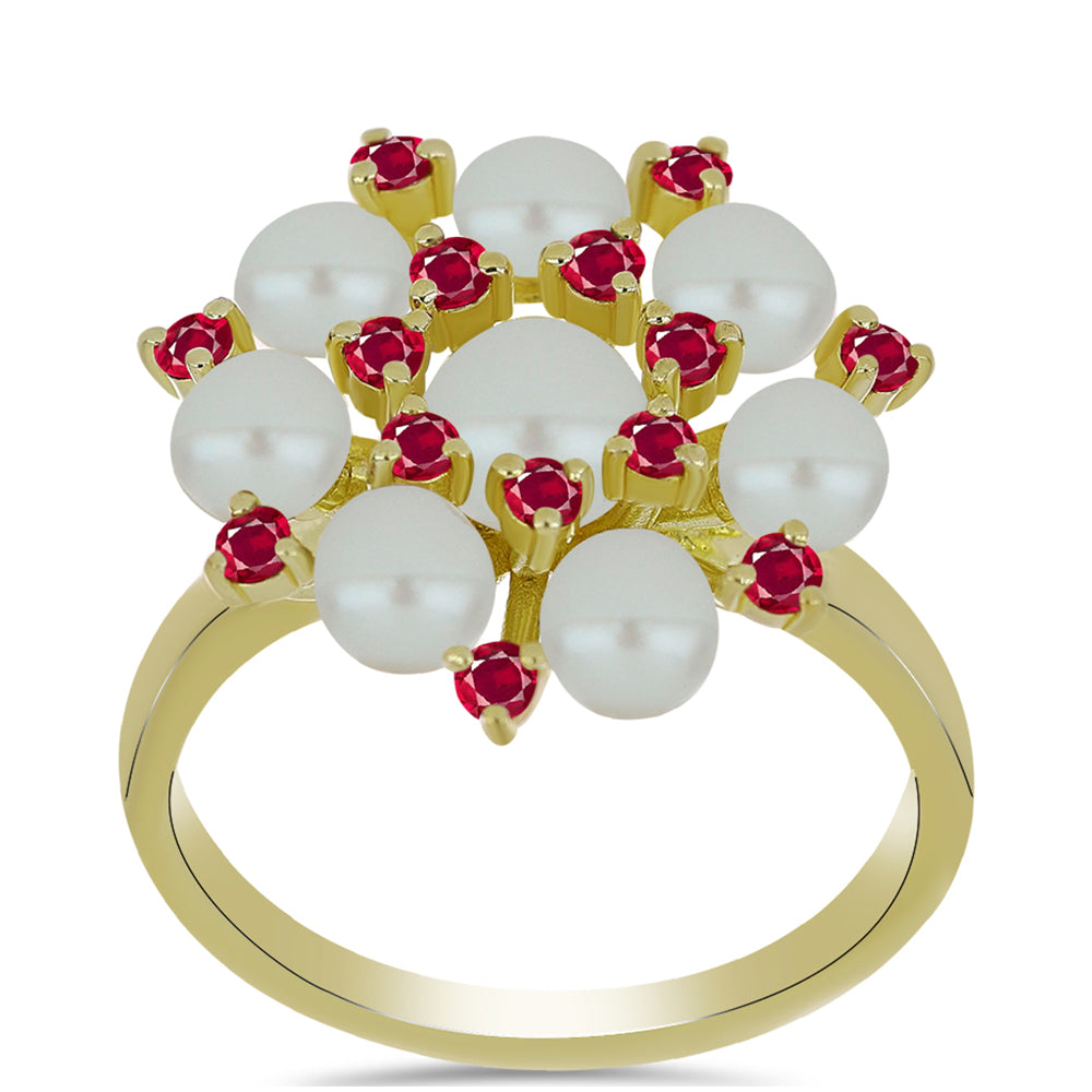 Pozlátený Strieborný Prsteň s so Sladkovodnou Bielou Perlou a Madagaskarským Rubínom 3 