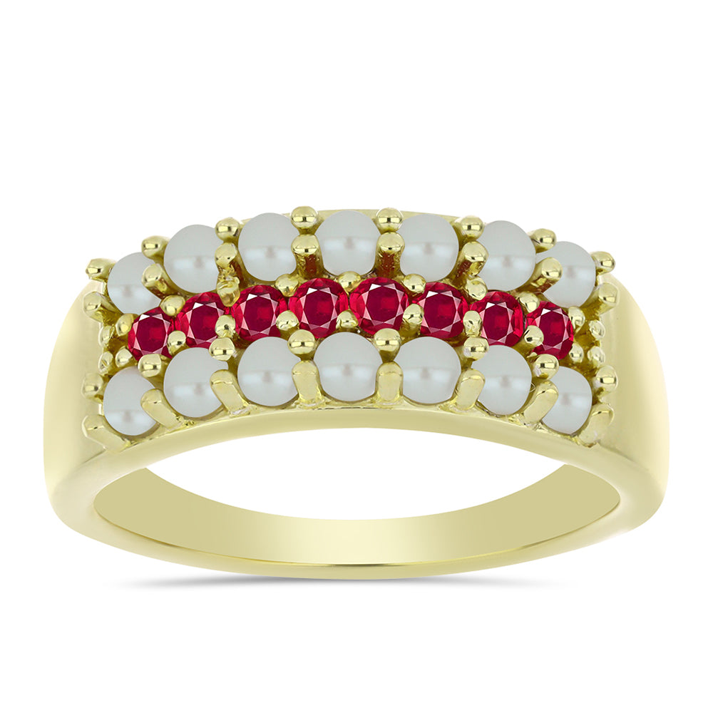 Pozlátený Strieborný Prsteň s so Sladkovodnou Bielou Perlou a Madagaskarským Rubínom