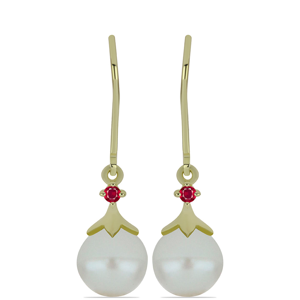 Pozlátené Strieborné Náušnice s so Sladkovodnou Bielou Perlou a Madagaskarským Rubínom 1 