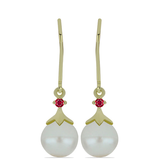 Pozlátené Strieborné Náušnice s so Sladkovodnou Bielou Perlou a Madagaskarským Rubínom