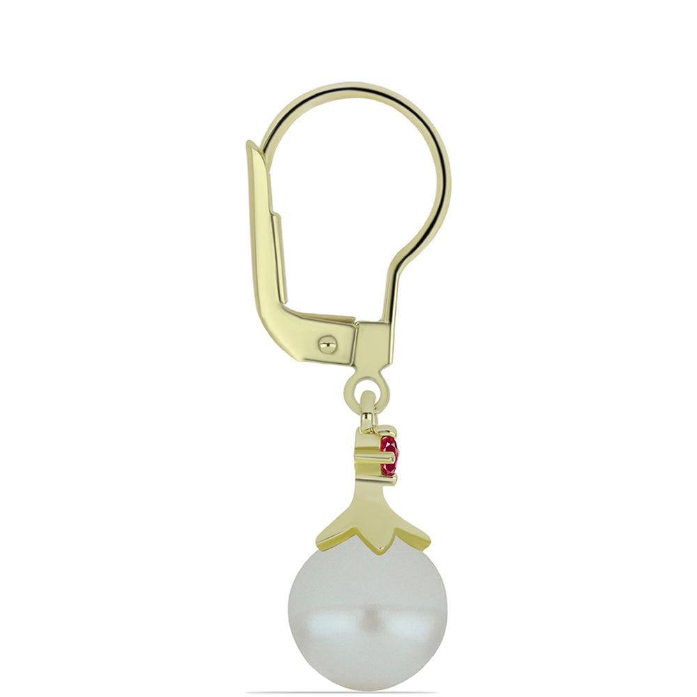 Pozlátené Strieborné Náušnice s so Sladkovodnou Bielou Perlou a Madagaskarským Rubínom