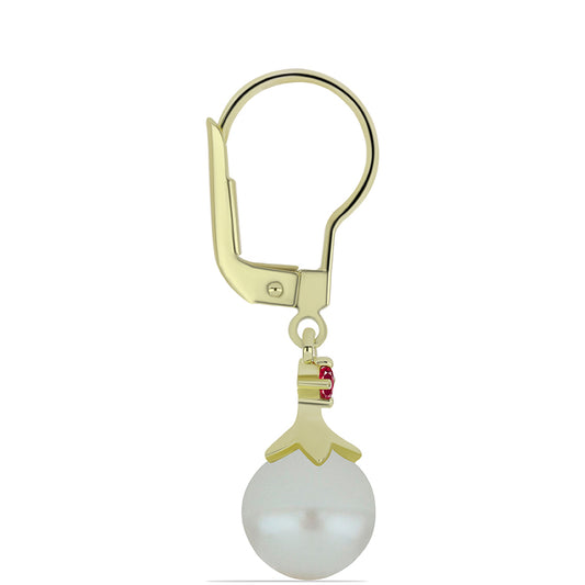 Pozlátené Strieborné Náušnice s so Sladkovodnou Bielou Perlou a Madagaskarským Rubínom