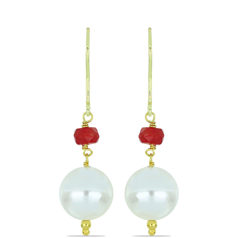 Pozlátené Strieborné Náušnice s so Sladkovodnou Bielou Perlou a Madagaskarským Rubínom