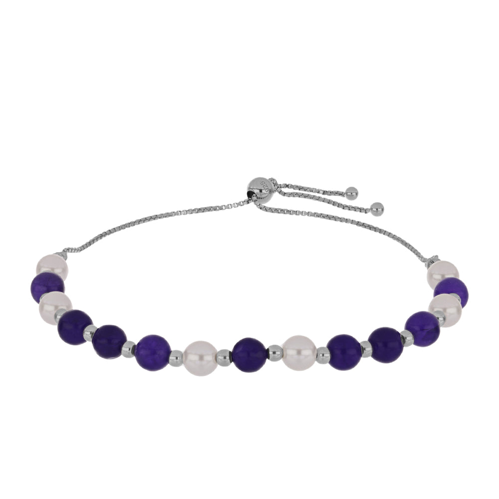 Strieborný Náramok s Fialovým Nefritom a so Sladkovodnou Bielou Perlou