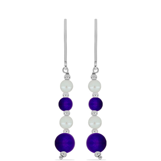 Strieborné Náušnice s Fialovým Nefritom a so Sladkovodnou Bielou Perlou