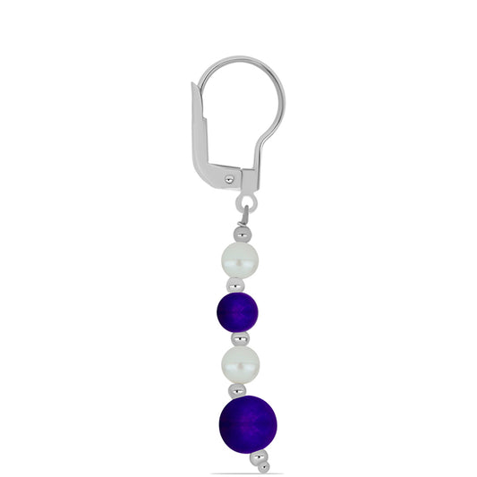 Strieborné Náušnice s Fialovým Nefritom a so Sladkovodnou Bielou Perlou