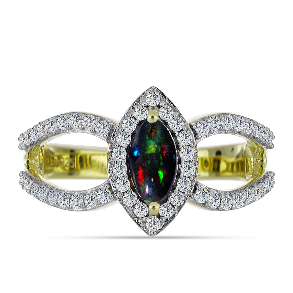 Pozlátený Strieborný Prsteň s Polnočne Čiernym Etiópskym Opálom z Lega Dembi a Bielym Topásom 1 