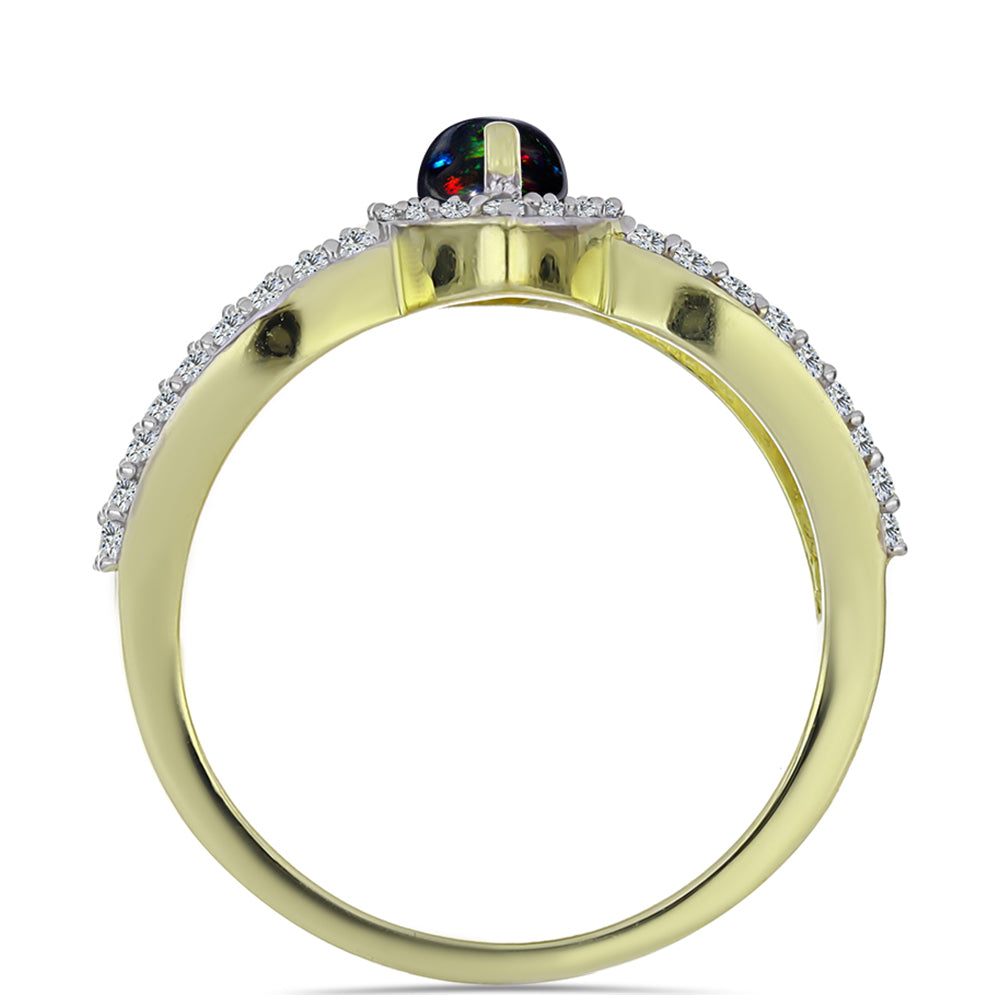 Pozlátený Strieborný Prsteň s Polnočne Čiernym Etiópskym Opálom z Lega Dembi a Bielym Topásom