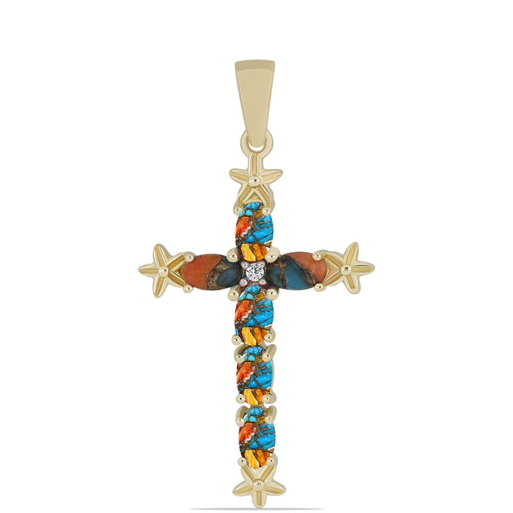 Kríž Pozlátený Strieborný Prívesok s Ustricovým Tyrkysom a Bielym Topásom 1 