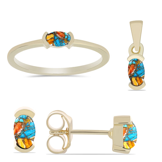 Pozlátené Strieborné Sada s Ustricovým Tyrkysom ( Náušnice+Prsteň +Prívesok )