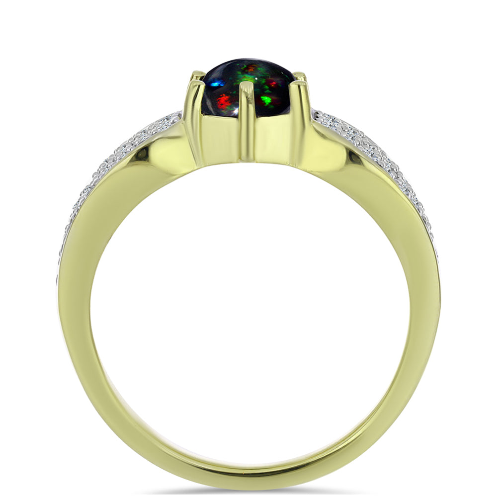 Pozlátený Strieborný Prsteň s Polnočne Čiernym Etiópskym Opálom z Lega Dembi a Bielym Topásom