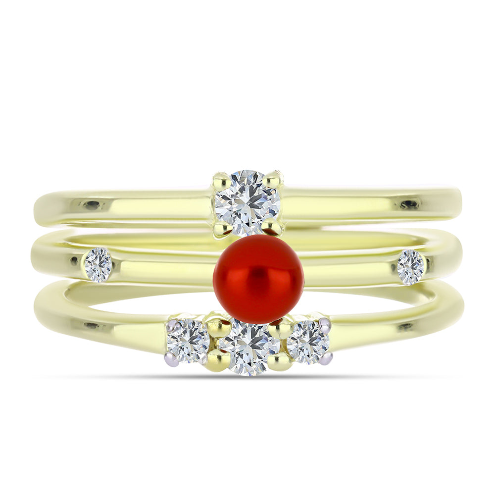 Pozlátené Strieborné Sada s Červená sladkovodná perlou a Bielym Topásom ( Prsteň )