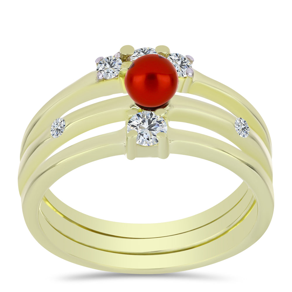 Pozlátené Strieborné Sada s Červená sladkovodná perlou a Bielym Topásom ( Prsteň )