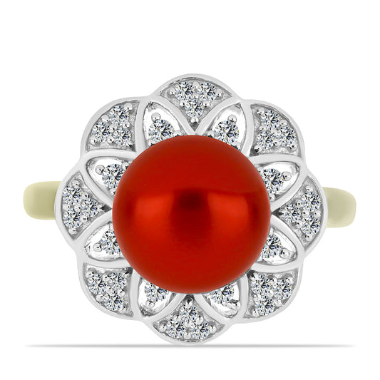 Pozlátený Strieborný Prsteň s Červená sladkovodná perlou a Bielym Topásom