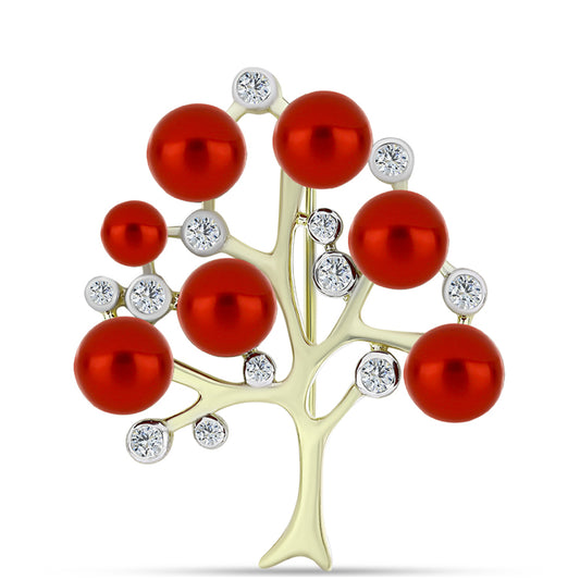 Pozlátený Strieborný Brošňa s Červená sladkovodná perlou a Bielym Topásom