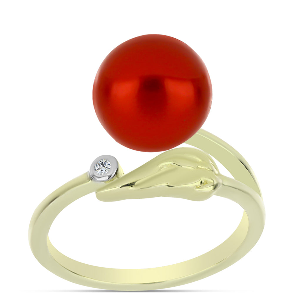 Pozlátený Strieborný Prsteň s Červená sladkovodná perlou a Bielym Topásom