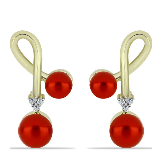 Pozlátené Strieborné Náušnice s Červená sladkovodná perlou a Bielym Topásom