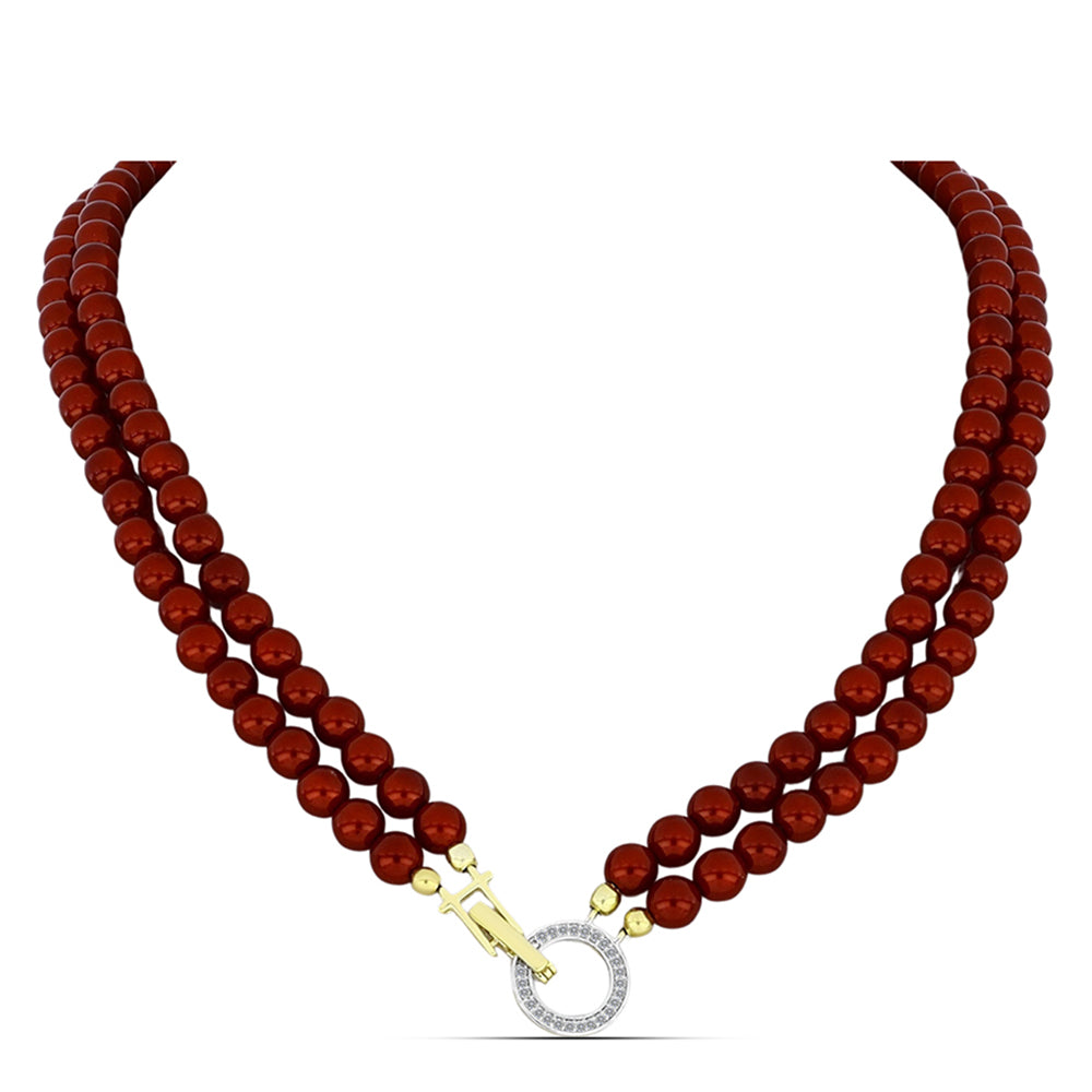 Pozlátený Strieborný Náhrdelník s Červená sladkovodná perlou a Bielym Topásom