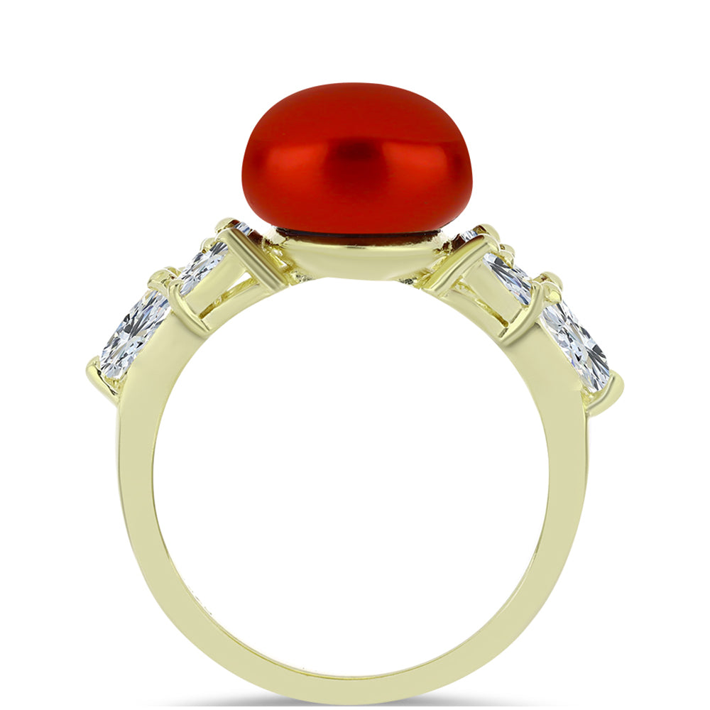 Pozlátený Strieborný Prsteň s Červená sladkovodná perlou a Bielym Topásom 2 