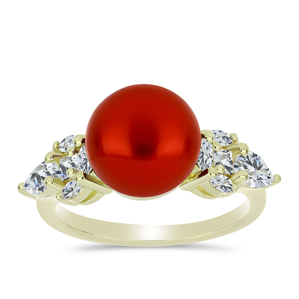 Pozlátený Strieborný Prsteň s Červená sladkovodná perlou a Bielym Topásom 3 