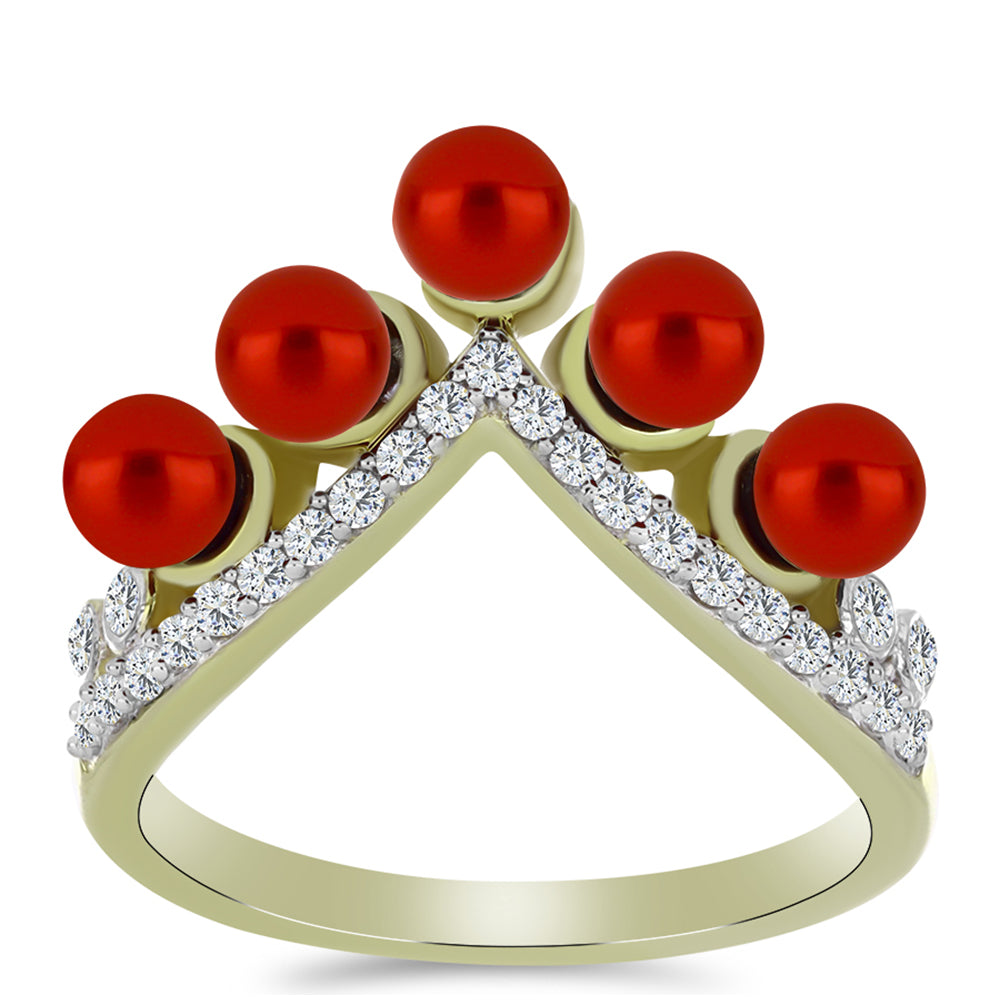 Pozlátený Strieborný Prsteň s Červená sladkovodná perlou a Bielym Topásom