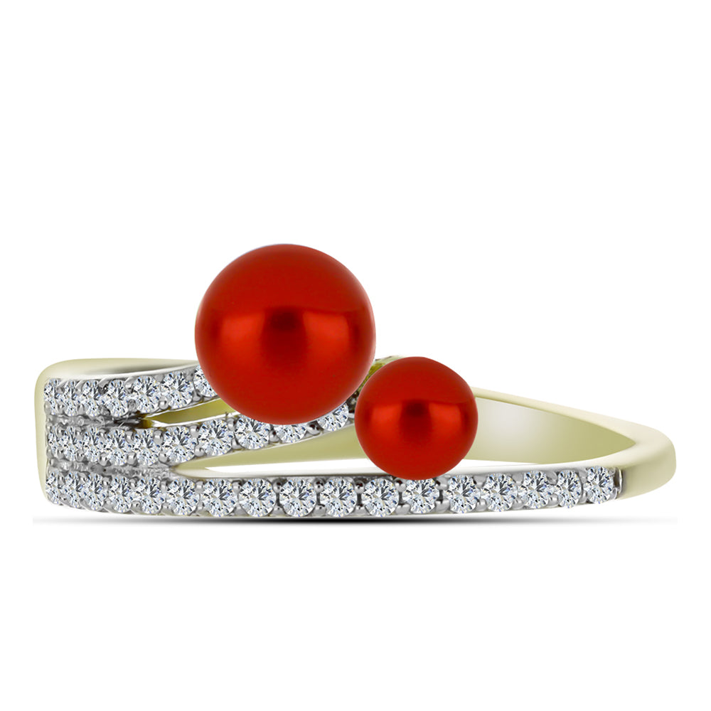 Pozlátený Strieborný Prsteň s Červená sladkovodná perlou a Bielym Topásom