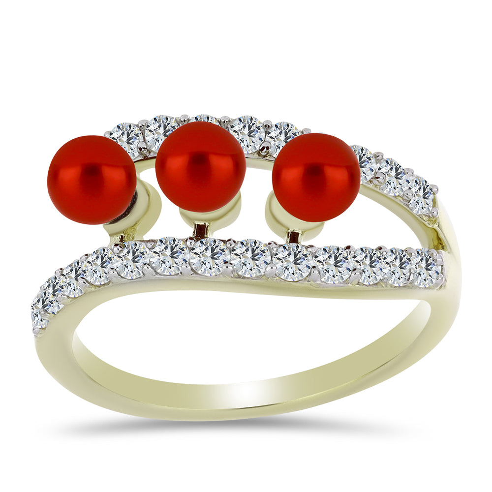 Pozlátený Strieborný Prsteň s Červená sladkovodná perlou a Bielym Topásom 3 