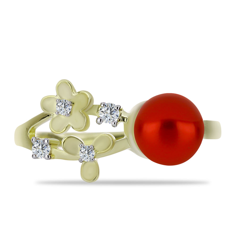 Pozlátený Strieborný Prsteň s Červená sladkovodná perlou a Bielym Topásom 1 