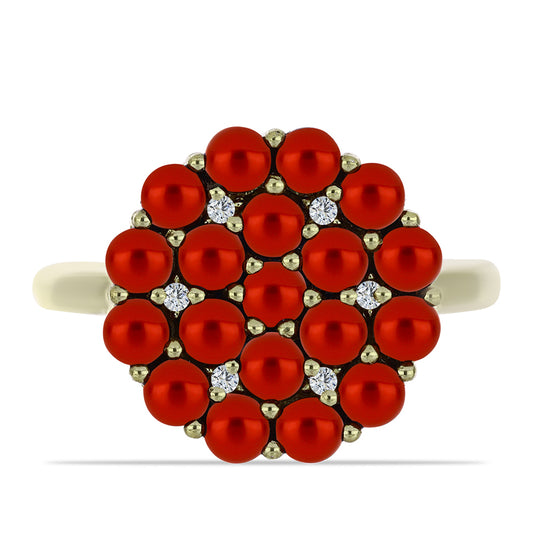 Pozlátený Strieborný Prsteň s Červená sladkovodná perlou a Bielym Topásom