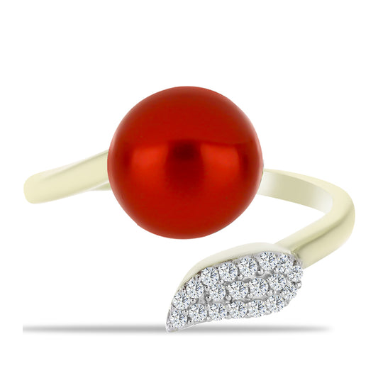 Pozlátený Strieborný Prsteň s Červená sladkovodná perlou a Bielym Topásom
