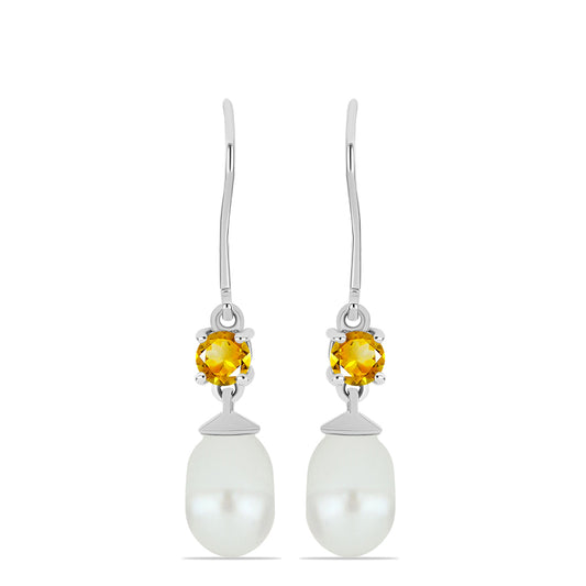 Strieborné Náušnice s Uralským Citrínom a so Sladkovodnou Bielou Perlou