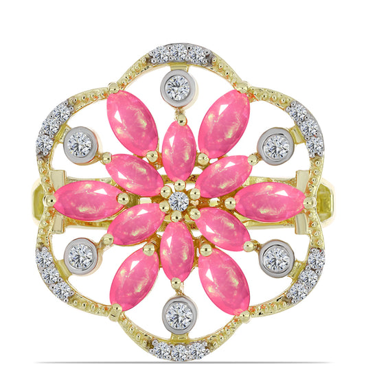 Pozlátený Strieborný Prsteň s Ružovým Etiópskym Opálom z Lega Dembi a Bielym Topásom