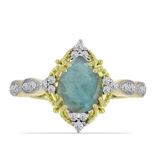 Pozlátený Strieborný Prsteň s Labradoritom a Bielym Topásom