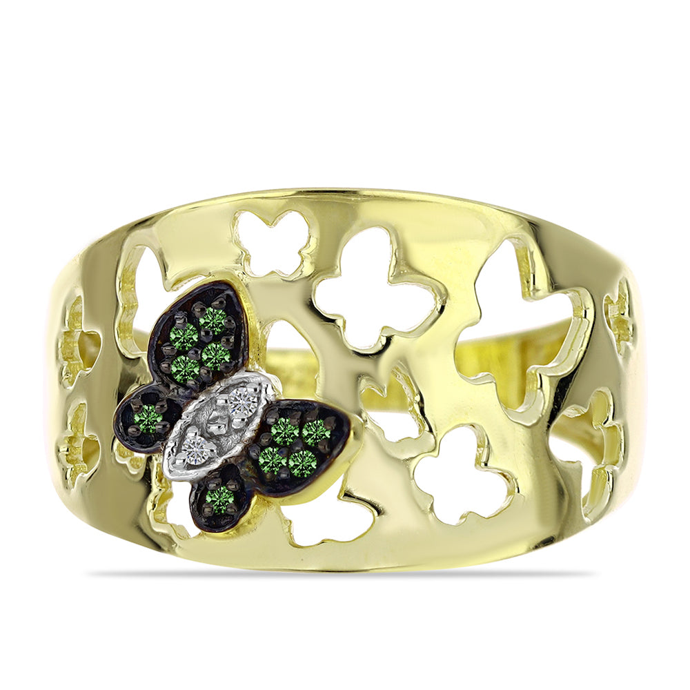 Pozlátený Strieborný Prsteň s so Zeleným Diamantom a Bielym Diamantom