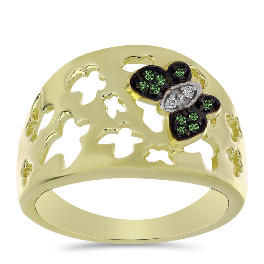 Pozlátený Strieborný Prsteň s so Zeleným Diamantom a Bielym Diamantom