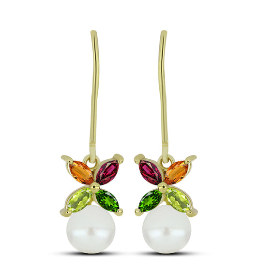 Pozlátené Strieborné Náušnice s Chakra Turmalínom a so Sladkovodnou Bielou Perlou