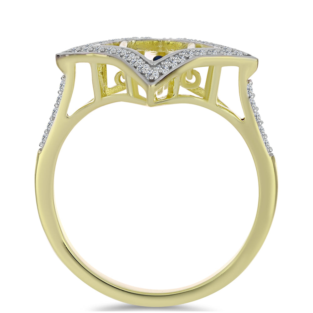 Pozlátený Strieborný Prsteň s Modrým tancujúcim diamantom a Bielym Topásom