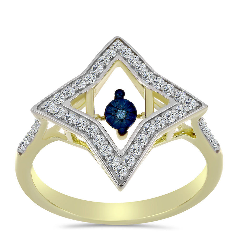 Pozlátený Strieborný Prsteň s Modrým tancujúcim diamantom a Bielym Topásom
