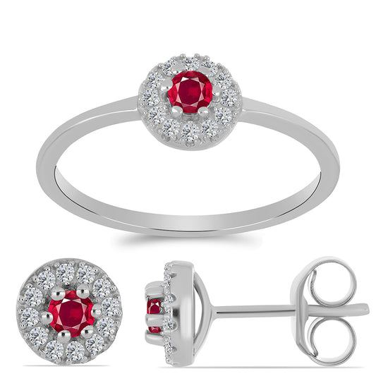 Strieborné Sada s Madagaskarským Rubínom a Bielym Topásom ( Náušnice+Prsteň )