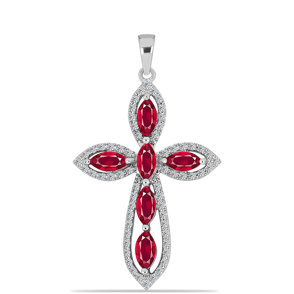 Kríž Strieborný Prívesok s Madagaskarským Rubínom a Bielym Topásom
