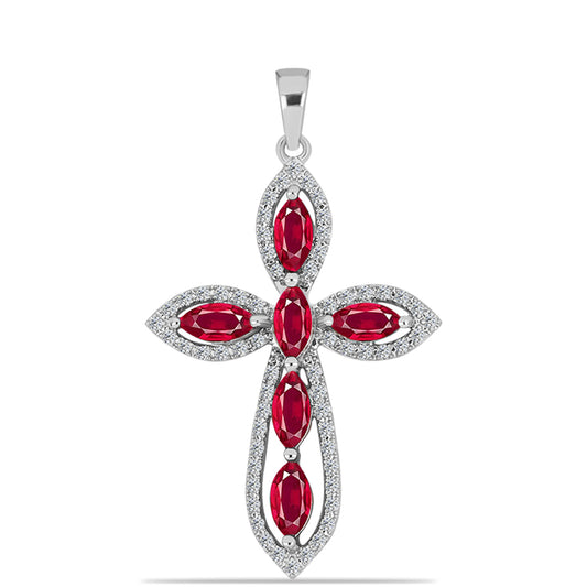 Kríž Strieborný Prívesok s Madagaskarským Rubínom a Bielym Topásom