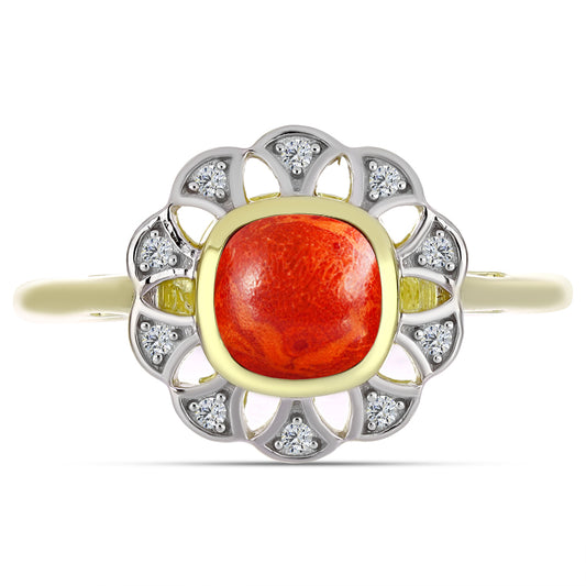 Pozlátený Strieborný Prsteň s Červeným Hubovitým Koralom a Bielym Topásom