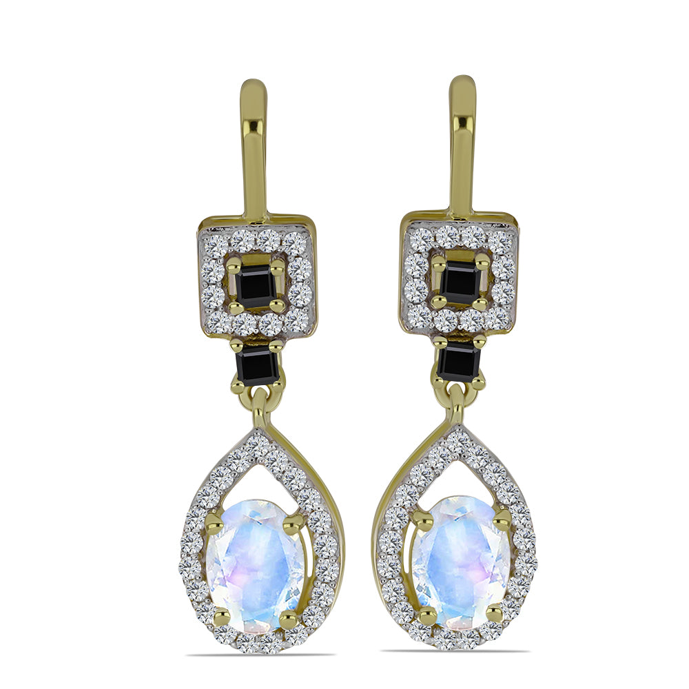 Pozlátené Strieborné Náušnice s Dúhovým Mesačným Kameňom a Čiernym Spinelom