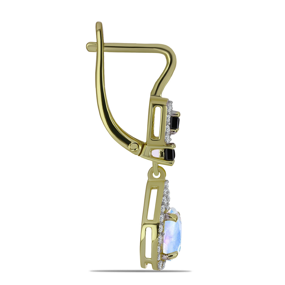 Pozlátené Strieborné Náušnice s Dúhovým Mesačným Kameňom a Čiernym Spinelom